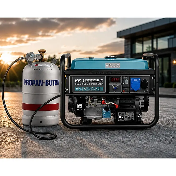 Stürmer Maschinen Stromerzeuger KS10000E G 7,5 kW Benzin/Gas - Nennleistung: 7,5 kW, Tankvolumen: 25 l, Verbrauch: 3,8 l/h - Ein türkiser und schwarzer Könner & Söhnen Dual-Fuel-Generator ist im Freien bei Sonnenuntergang an eine silberne Propan-Butan-Gasflasche angeschlossen.