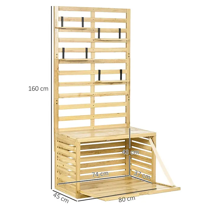 Outsunny Geräteschrank - Außenbreite inkl. Dachüberstand: 80 cm, Außentiefe inkl. Dachüberstand: 45 cm, Holz, Naturholz - Gartentruhe aus Naturholz mit Rankgitter und Hängeböden, die Frontplatte lässt sich herunterklappen.