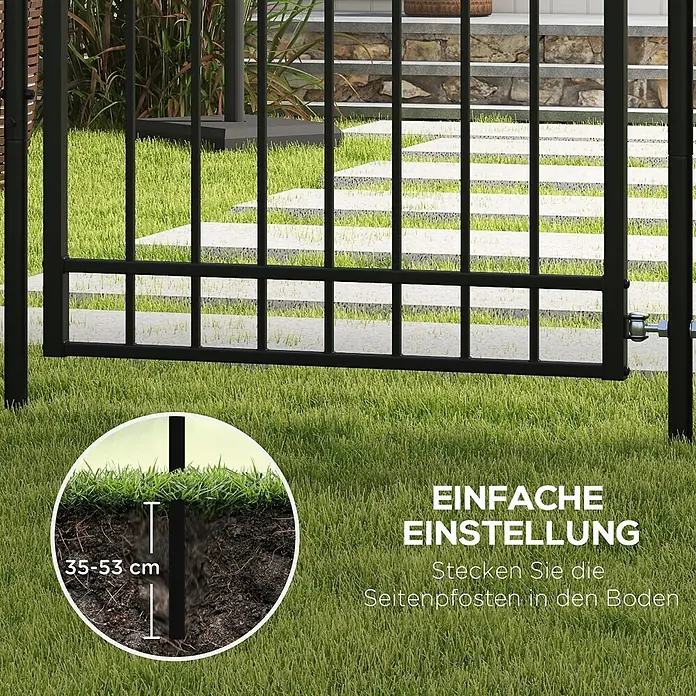 Outsunny Gartentor - 12 x 204 cm, Schwarz, Stahl - Schwarzes Metall-Gartentor/-Zaunpaneel mit Diagramm, das die 35-53 cm tiefe Erdspießinstallation im Rasen zeigt.