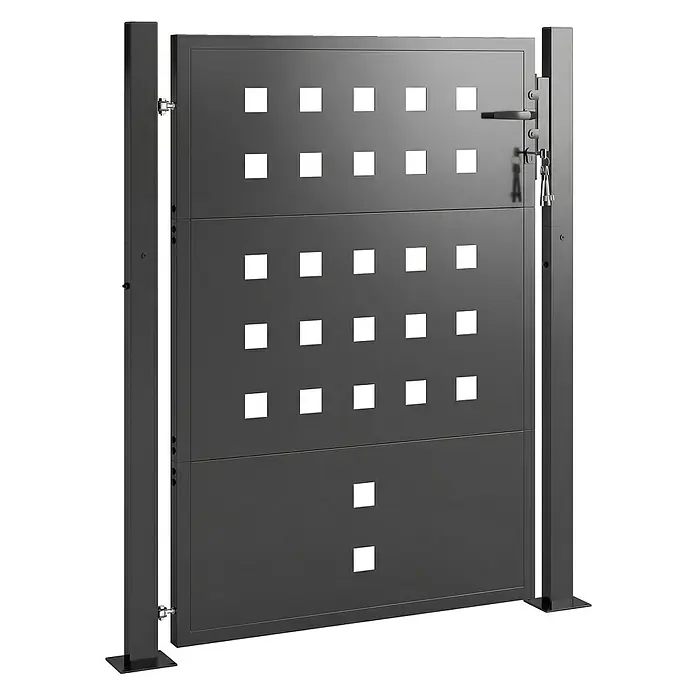 Outsunny Gartentor - 4 x 130 cm, Dunkelgrau, Stahl - Modernes dunkelgraues Metall-Gartentor mit quadratischen Perforationen, Griff, Schloss und Montagepfosten.