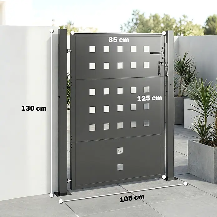 Outsunny Gartentor - 4 x 130 cm, Dunkelgrau, Stahl - Dunkelgraues Metall-Gehtor mit quadratischen Aussparungen. Gesamtmaße: 130 cm hoch, 105 cm breit.