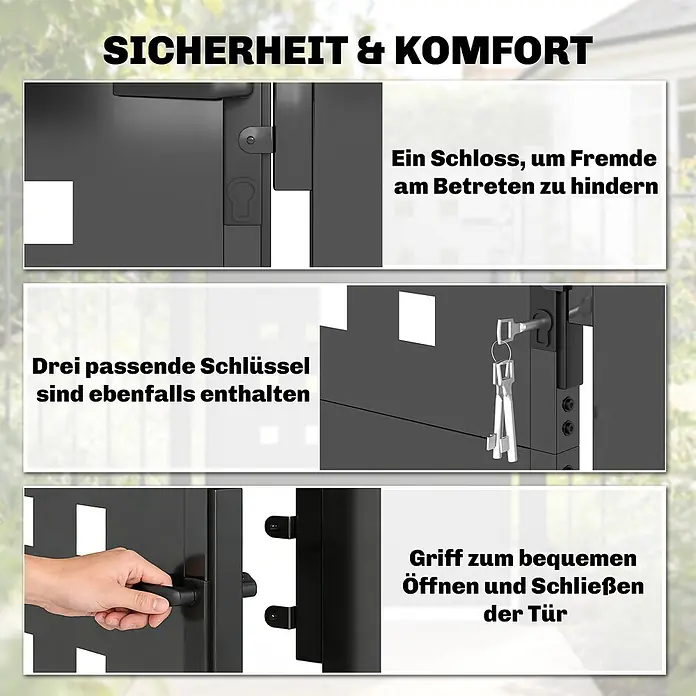 Outsunny Gartentor - 4 x 130 cm, Dunkelgrau, Stahl - Schwarzes Metalltor mit Schloss für Sicherheit, drei passenden Schlüsseln und Griff zum einfachen Öffnen.