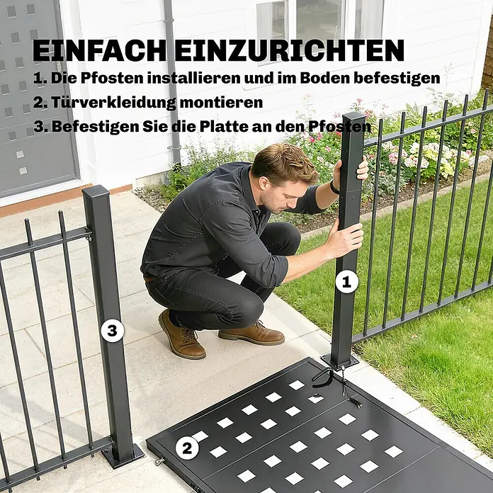 Outsunny Gartentor - 4 x 130 cm, Dunkelgrau, Stahl - Mann installiert schwarzen Metallzaunpfosten. Schwarzes Torblatt gezeigt, einfache Montageschritte.
