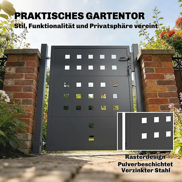 Outsunny Gartentor - 4 x 130 cm, Dunkelgrau, Stahl - Dunkelgraues pulverbeschichtetes verzinktes Gartentor mit quadratischen Ausschnitten, zwischen Ziegelpfeilern installiert.