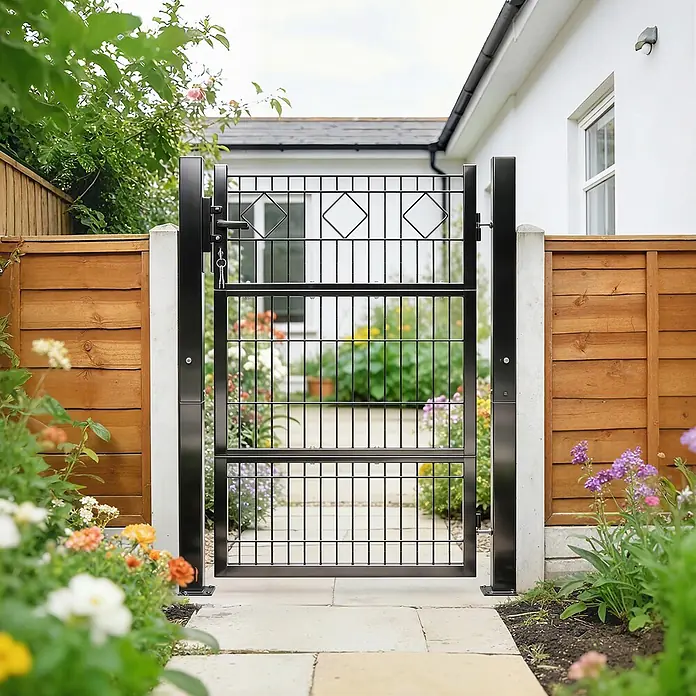 Outsunny Gartentor - 6 x 131 cm, Dunkelgrau, Metall - Schwarzes Metallgartentor mit rautenförmigem Oberteil, in einem Gartenweg zwischen Holzzaun und weißem Haus.