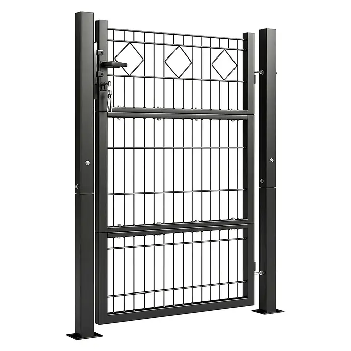 Outsunny Gartentor - 6 x 131 cm, Dunkelgrau, Metall - Schwarzes Metall-Gartentor mit Gitterdesign, rautenförmigen Verzierungen, Griff und Schloss, eingefasst von Vierkantpfosten.