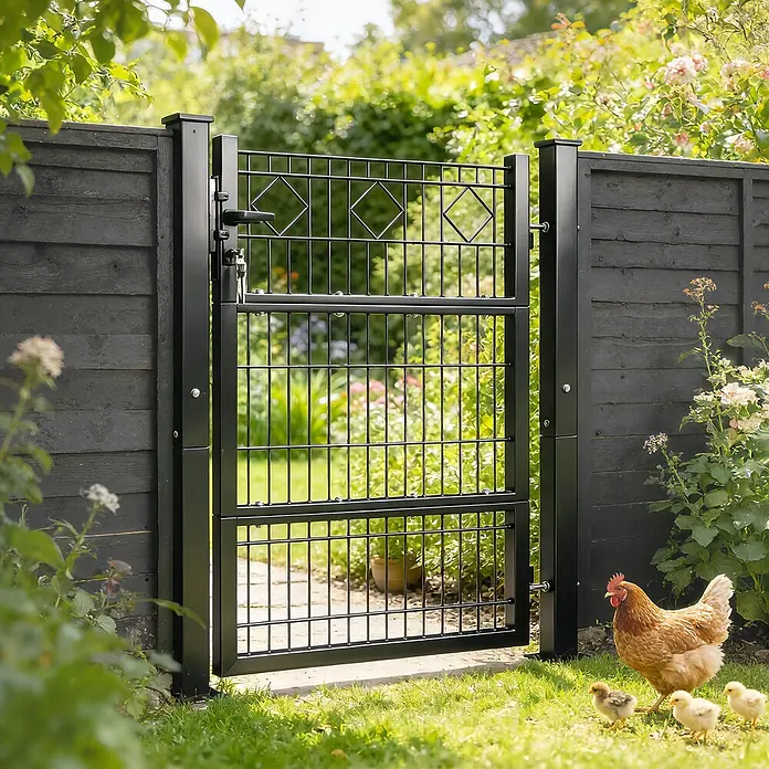 Outsunny Gartentor - 6 x 131 cm, Dunkelgrau, Metall - Schwarzes Metall-Gartentor mit Rautendekor, in einem dunklen Holzzaun in einer Gartenumgebung.