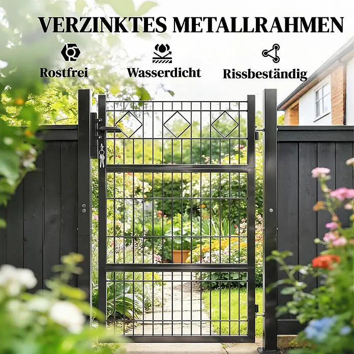 Outsunny Gartentor - 6 x 131 cm, Dunkelgrau, Metall - Schwarzes verzinktes Metall-Gartentor mit dekorativen Rauten.