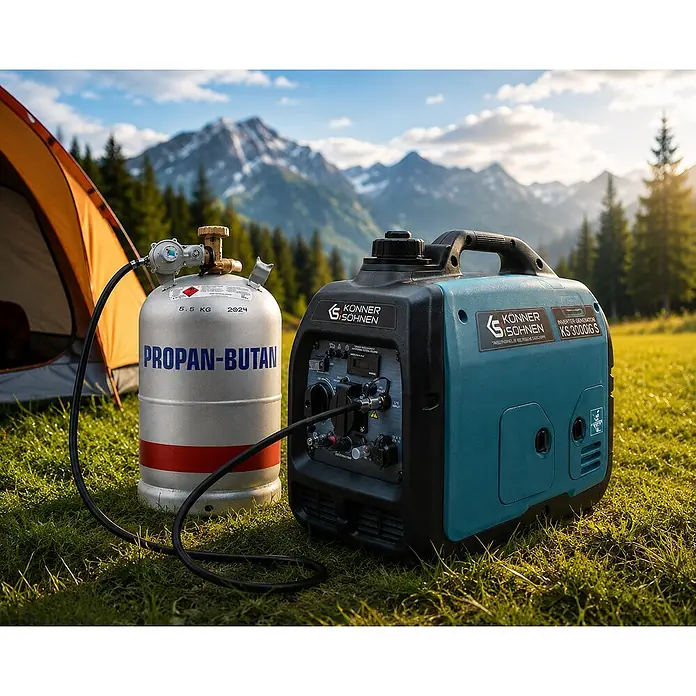 Stürmer Maschinen Stromerzeuger KS 3100iG S 2,8 kW Benzin/Gas - Nennleistung: 2,8 kW, Tankvolumen: 4 l, Verbrauch: 2,7 l/h - Eine silberne Propan-Butan-Gasflasche ist mit einem schwarzen Schlauch an einen schwarz-türkisen Inverter-Generator in einer Berg-Camping-Szene angeschlossen.