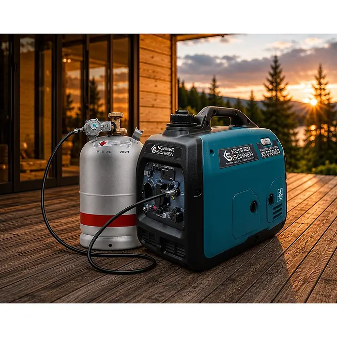 Stürmer Maschinen Stromerzeuger KS 3100iG S 2,8 kW Benzin/Gas - Nennleistung: 2,8 kW, Tankvolumen: 4 l, Verbrauch: 2,7 l/h - Türkis-schwarzer Konner & Sohnen KS 3000iG S Inverter-Generator, verbunden mit einer silbernen 5,5-kg-Gasflasche auf Holzdeck.