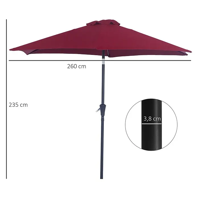 Outsunny Marktschirm rund - Rot, Durchmesser Bespannung: 260 cm - Roter Sonnenschirm mit 260 cm Durchmesser, 235 cm Höhe und 3,8 cm Mastdurchmesser.