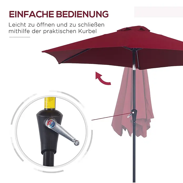 Outsunny Marktschirm rund - Rot, Durchmesser Bespannung: 260 cm - Roter Gartenschirm mit Kurbelmechanismus zum einfachen Öffnen und Schließen.