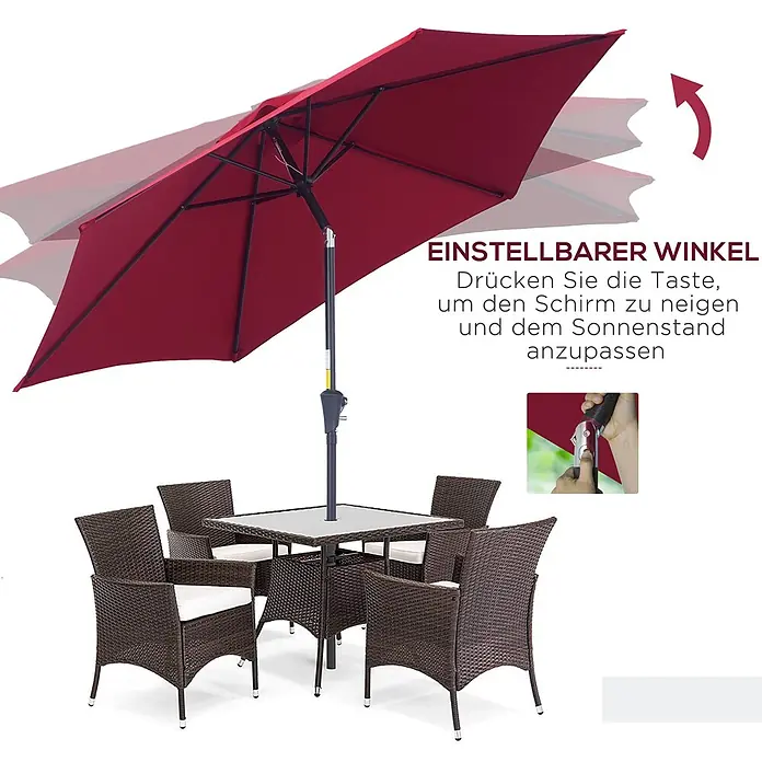 Outsunny Marktschirm rund - Rot, Durchmesser Bespannung: 260 cm - Roter, verstellbarer Sonnenschirm über einer braunen Rattan-Gartengarnitur mit quadratischem Tisch und Stühlen.