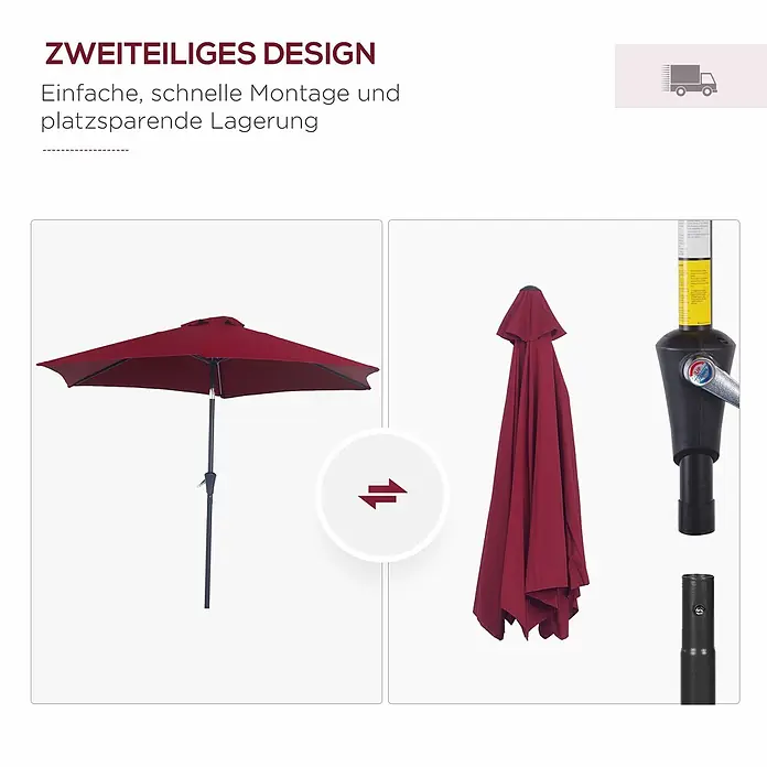 Outsunny Marktschirm rund - Rot, Durchmesser Bespannung: 260 cm - Roter, zweiteiliger Sonnenschirm, einfache Montage und platzsparende Lagerung.