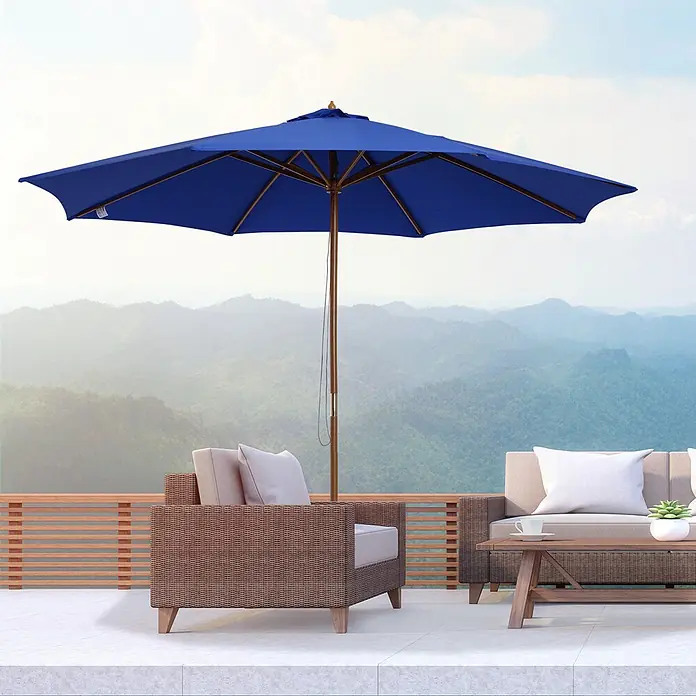 Outsunny Marktschirm rund - Blau, Durchmesser Bespannung: 300 cm - Blauer Terrassenschirm mit Holzstange, spendet Schatten für Outdoor-Sitzgelegenheiten auf einer Terrasse.