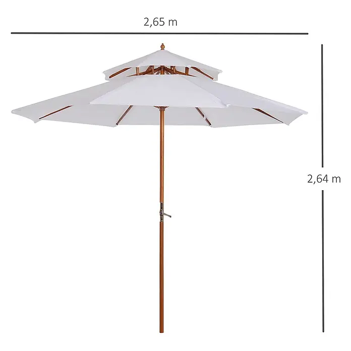 Outsunny Marktschirm rund - Weiß, Durchmesser Bespannung: 265 cm - Weißer zweistufiger Sonnenschirm mit Holzstange, 2,65 m Durchmesser und 2,64 m hoch.