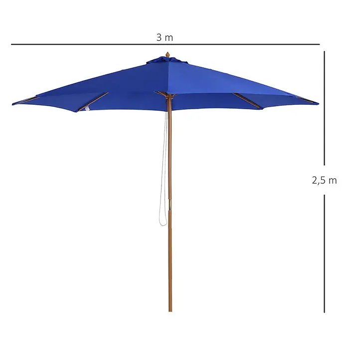 Outsunny Marktschirm rund - Blau, Durchmesser Bespannung: 300 cm - Blauer Sonnenschirm mit Holzstange, 3 m breit, 2,5 m hoch.