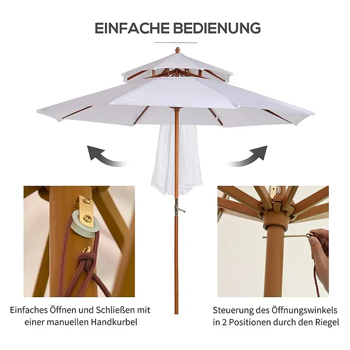 Outsunny Marktschirm rund - Weiß, Durchmesser Bespannung: 265 cm - Weißer zweistufiger Holz-Sonnenschirm mit Kurbelmechanismus und 2-stufiger Neigungsverstellung.