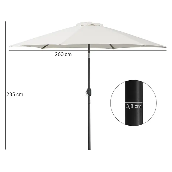 Outsunny Marktschirm rund - Weiß/Beige, Durchmesser Bespannung: 260 cm - Weißer Gartenschirm mit schwarzem Stock, 260 cm Durchmesser, 235 cm hoch, Stockdurchmesser 3,8 cm.