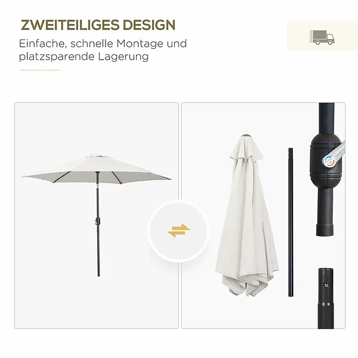 Outsunny Marktschirm rund - Weiß/Beige, Durchmesser Bespannung: 260 cm - Weißer Sonnenschirm mit zweiteiligem Design, montiert und zerlegt für einfachen Aufbau und platzsparende Lagerung.