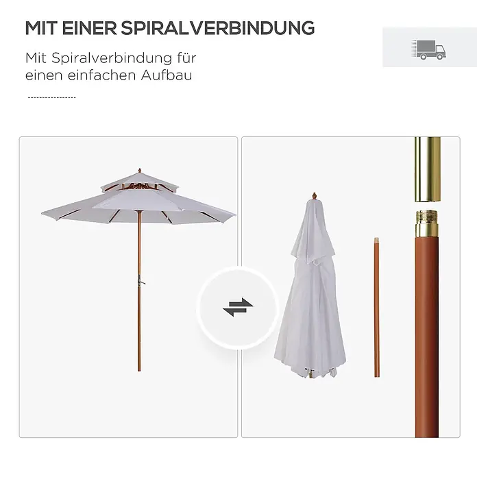 Outsunny Marktschirm rund - Weiß, Durchmesser Bespannung: 265 cm - Weißer zweistöckiger Sonnenschirm mit braunem Holzstiel, montiert und demontiert, hebt die Spiralverbindung für einfachen Aufbau hervor.