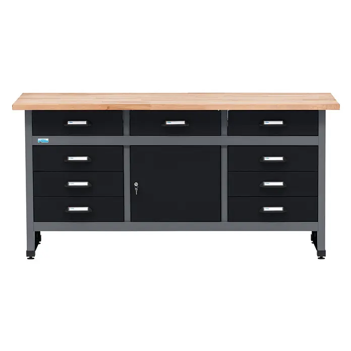 Küpper Werkbank - L x B: 170 x 60 cm, Arbeitshöhe: 84 cm, Belastbarkeit: 300 kg, Schwarz/Anthrazit, Anzahl Schubladen: 9 Stk.