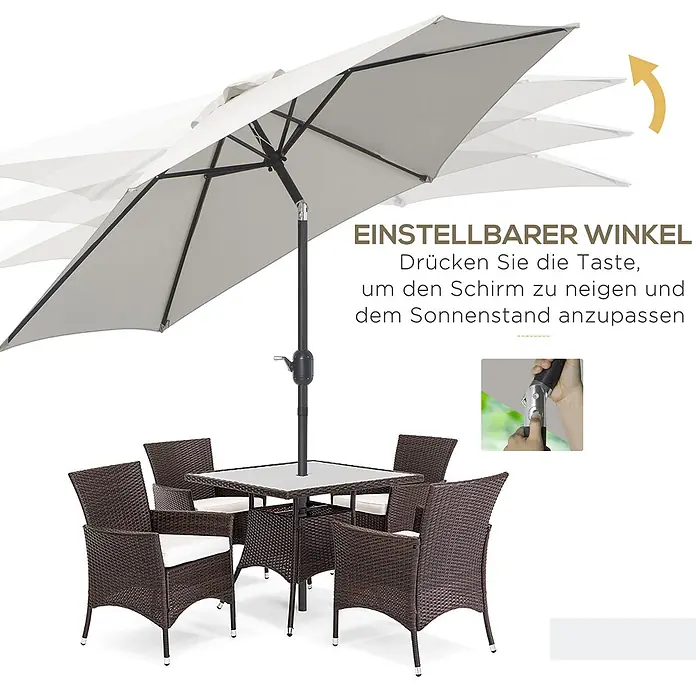 Outsunny Marktschirm rund - Weiß/Beige, Durchmesser Bespannung: 260 cm - Braune Rattan-Gartengarnitur mit quadratischem Glastisch, vier Stühlen mit weißen Kissen und verstellbarem grauem Sonnenschirm.