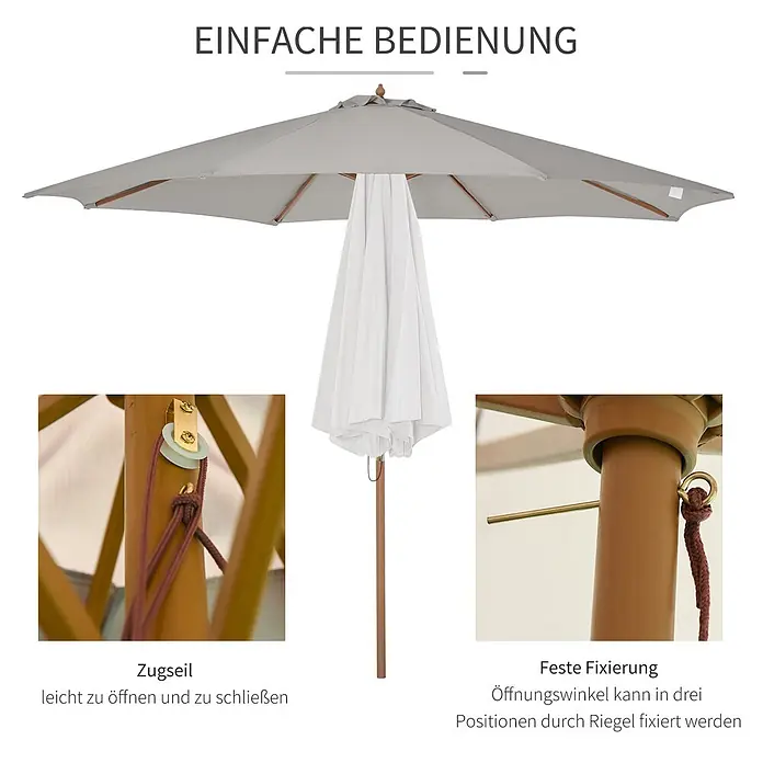 Outsunny Marktschirm rund - Hellgrau, Durchmesser Bespannung: 300 cm - Hellgrauer Gartenschirm, offen und geschlossen, mit Zugseil und Bolzen für 3-fache Winkelfixierung.
