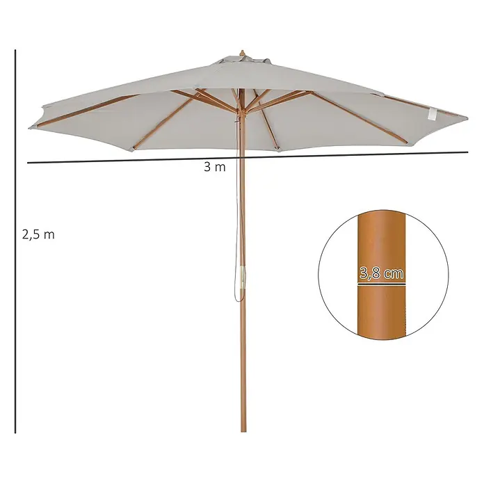 Outsunny Marktschirm rund - Hellgrau, Durchmesser Bespannung: 300 cm - Heller Garten-Sonnenschirm aus Holz, 2,5 m hoch, 3 m breit, Stock-Ø 3,8 cm.