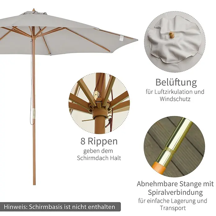 Outsunny Marktschirm rund - Hellgrau, Durchmesser Bespannung: 300 cm - Hellgrauer Gartenschirm mit Holzstange, 8 Holzrippen, Belüftungssystem und abnehmbarer Stange zur einfachen Lagerung.