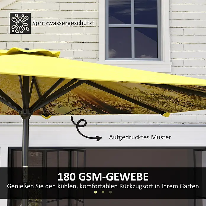 Outsunny Marktschirm rund - Gelb, Durchmesser Bespannung: 294 cm - Gelber Terrassenschirm aus spritzwassergeschütztem 180 GSM-Gewebe mit bedrucktem Naturmuster auf der Unterseite.