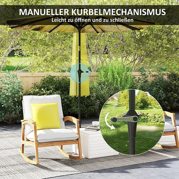 Outsunny Marktschirm rund - Gelb, Durchmesser Bespannung: 294 cm - Gelber Sonnenschirm mit manuellem Kurbelmechanismus zum mühelosen Öffnen und Schließen.