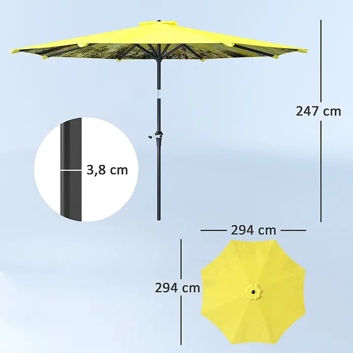 Outsunny Marktschirm rund - Gelb, Durchmesser Bespannung: 294 cm - Gelber Sonnenschirm, 294 cm Durchmesser, 247 cm hoch. Dunkles 3,8 cm Stangengestell; Unterseite mit Walddruck.