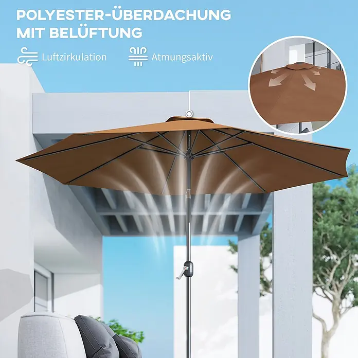 Outsunny Marktschirm rund - Braun, Durchmesser Bespannung: 295 cm - Brauner Polyester-Sonnenschirm mit Belüftung für Luftzirkulation, im Außenbereich abgebildet.