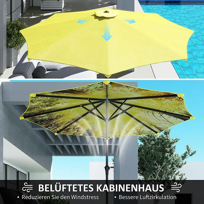 Outsunny Marktschirm rund - Gelb, Durchmesser Bespannung: 294 cm - Gelber, belüfteter Sonnenschirm mit Waldbild auf der Unterseite, reduziert Wind und fördert Luftzirkulation.