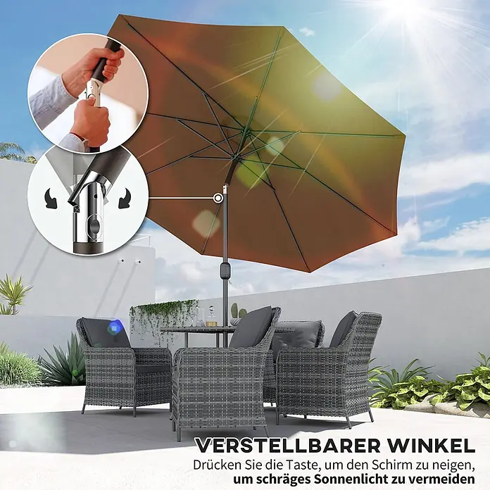 Outsunny Marktschirm rund - Braun, Durchmesser Bespannung: 295 cm - Brauner Sonnenschirm mit Kippfunktion für flexiblen Sonnenschutz auf einer Terrasse.