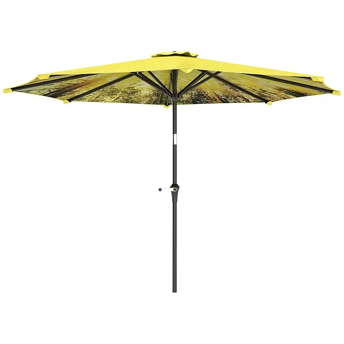 Outsunny Marktschirm rund - Gelb, Durchmesser Bespannung: 294 cm - Gelber Terrassenschirm mit waldgemusterter Unterseite und dunklem Stock mit Kurbel.