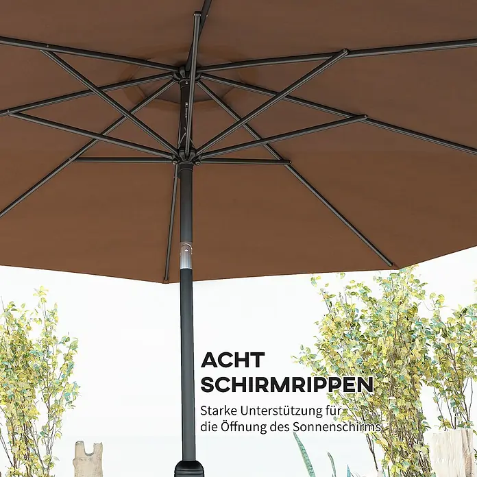 Outsunny Marktschirm rund - Braun, Durchmesser Bespannung: 295 cm - Unteransicht eines braunen Sonnenschirms, zeigt das robuste schwarze Metallgestell mit acht Stützrippen.
