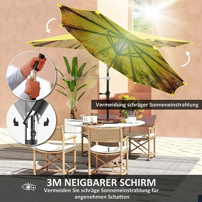 Outsunny Marktschirm rund - Gelb, Durchmesser Bespannung: 294 cm - Neigbarer gelber Sonnenschirm mit Baummuster, spendet angenehmen Schatten über einer Essgruppe im Freien.
