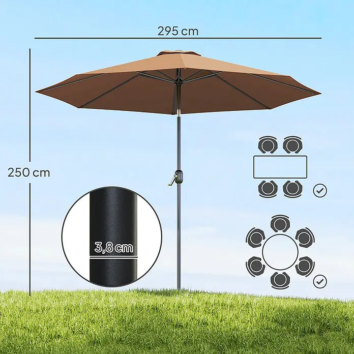 Outsunny Marktschirm rund - Braun, Durchmesser Bespannung: 295 cm - Brauner Gartenschirm, 295 cm breit, 250 cm hoch, 3,8 cm Stock-Ø. Geeignet für 6-8 Personen.