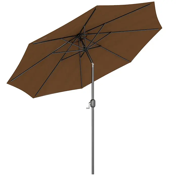 Outsunny Marktschirm rund - Braun, Durchmesser Bespannung: 295 cm - Brauner offener Terrassenschirm mit dunklem Gestell und Kurbelmechanismus am Mast.