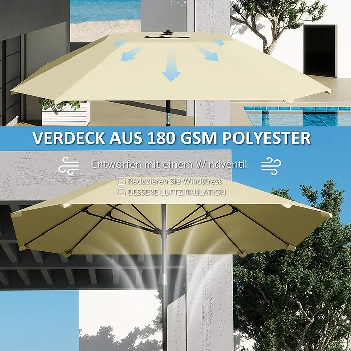 Outsunny Marktschirm rund - Durchmesser Bespannung: 233 cm - Beigefarbener Sonnenschirm aus 180 g/m² Polyester mit Windöffnung für bessere Luftzirkulation im Außenbereich.