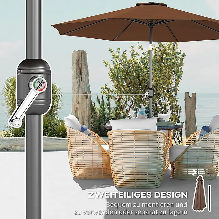 Outsunny Marktschirm rund - Braun, Durchmesser Bespannung: 295 cm - Brauner Ampelschirm mit grauem Kurbelmechanismus, in Outdoor-Umgebung. Zweiteiliges Design für einfache Montage/Lagerung.