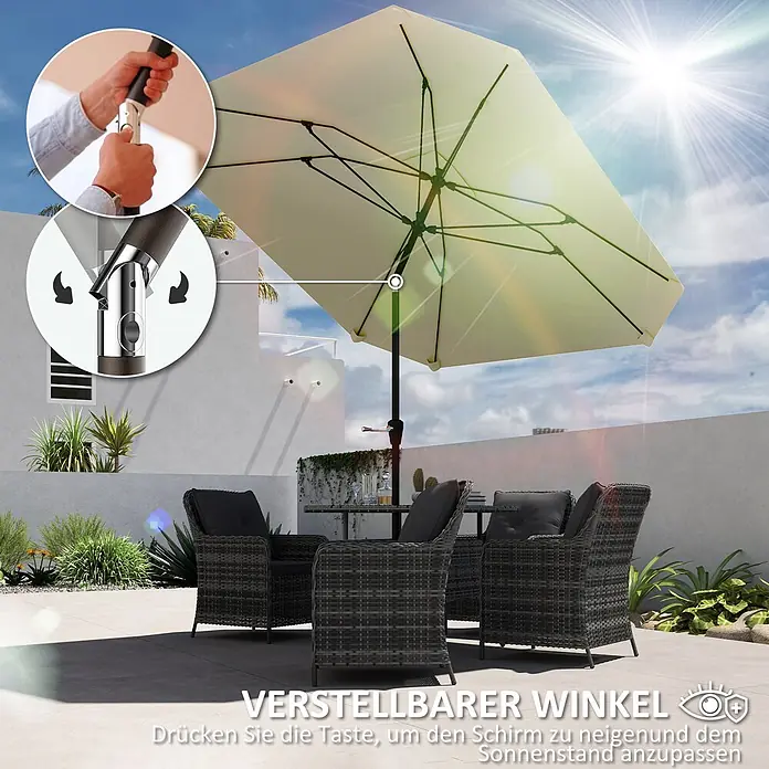 Outsunny Marktschirm rund - Durchmesser Bespannung: 233 cm - Großer beigefarbener Sonnenschirm mit verstellbarem Neigungswinkel, spendet Schatten über Rattan-Gartenmöbeln.