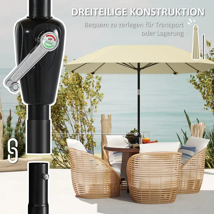 Outsunny Marktschirm rund - Durchmesser Bespannung: 233 cm - Sonnenschirm mit dreiteiligem Gestell und Kurbelmechanismus, im Gebrauch und zerlegt für einfachen Transport/Lagerung.