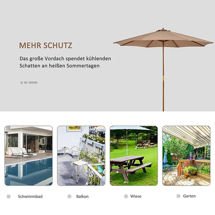 Outsunny Marktschirm rund - Khaki/Braun, Durchmesser Bespannung: 300 cm - Großer beiger Sonnenschirm mit Holzstange spendet kühlenden Schatten für sonnige Tage.