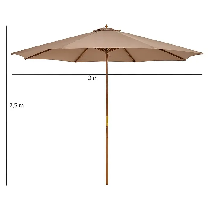 Outsunny Marktschirm rund - Khaki/Braun, Durchmesser Bespannung: 300 cm - Beiger Gartenschirm mit Holzstange, 3m Durchmesser und 2,5m Höhe.