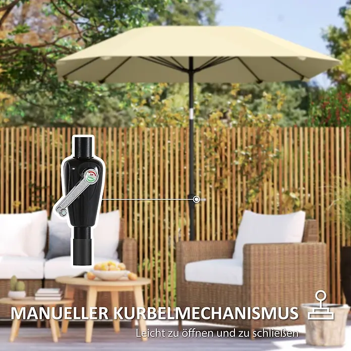 Outsunny Marktschirm rund - Durchmesser Bespannung: 233 cm - Schwarzer manueller Kurbelmechanismus für einen Sonnenschirm, mit silbernem Griff und UP/DOWN-Anzeige, zum einfachen Öffnen und Schließen.