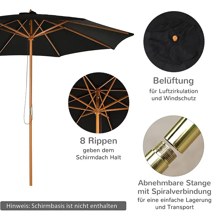 Outsunny Marktschirm rund - Schwarz, Durchmesser Bespannung: 300 cm - Schwarzer Outdoor-Sonnenschirm mit Holzstange, Belüftung, 8 Rippen und abnehmbarer Stange mit Spiralverbindung für einfachen Transport.
