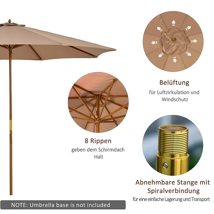 Outsunny Marktschirm rund - Khaki/Braun, Durchmesser Bespannung: 300 cm - Beiger Outdoor-Sonnenschirm mit Holzstange, 8 Rippen, Belüftung und abnehmbarem Schraubpfahl zur einfachen Lagerung.